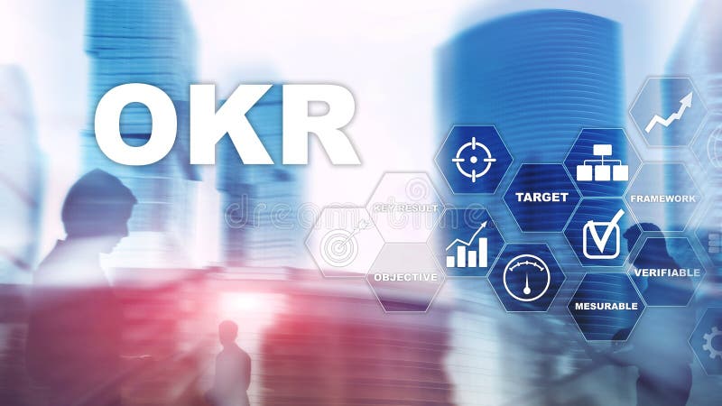 OKR - objective key result concept. Mixed media on a virtual structured screen. Project management.