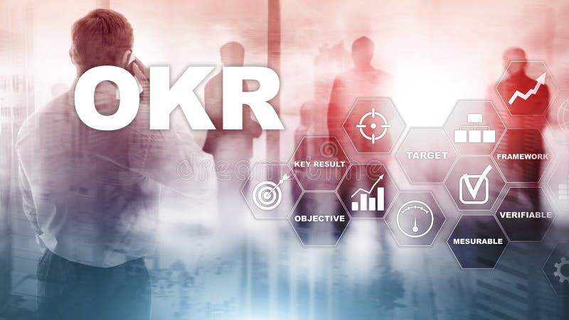 OKR - objective key result concept. Mixed media on a virtual structured screen. Project management stock photo