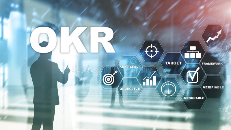 OKR - objective key result concept. Mixed media on a virtual structured screen. Project management. royalty free stock photo