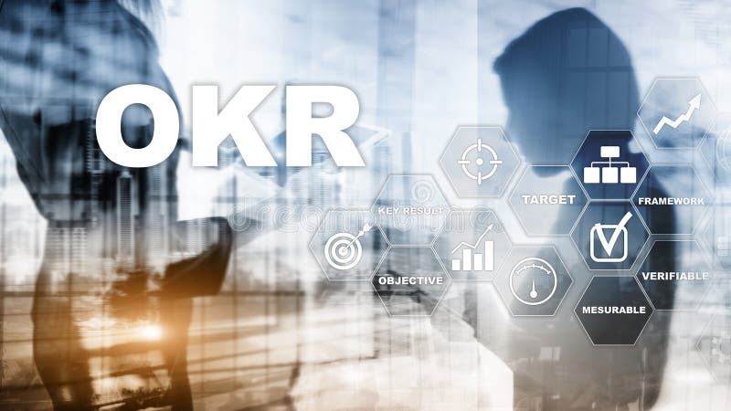 OKR - objective key result concept. Mixed media on a virtual structured screen. Project management. stock photography