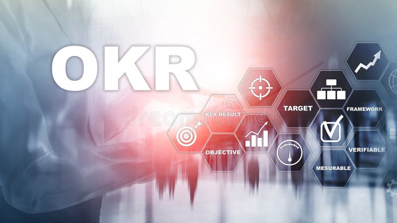 OKR - objective key result concept. Mixed media on a virtual structured screen. Project management stock images