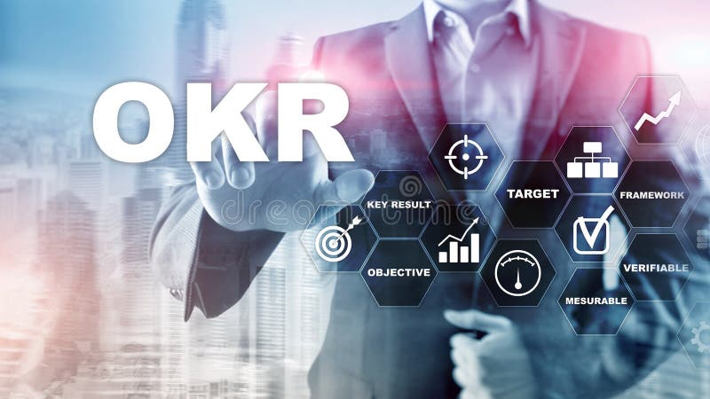 OKR - objective key result concept. Mixed media on a virtual structured screen. Project management royalty free stock photography