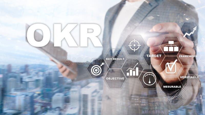 OKR - objective key result concept. Mixed media on a virtual structured screen. Project management stock photo