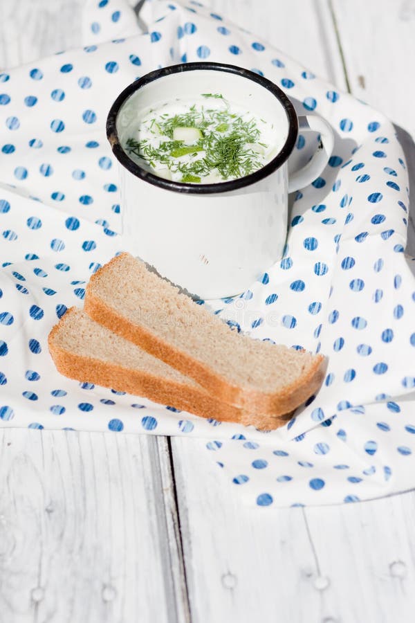 Okroshka. the Traditional Russian Summer Soup and Rye Bread Stock Image