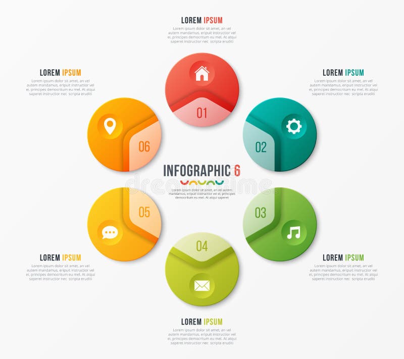 Okrąg mapy szablon z 6 opcjami Wektorowy projekt dla infographics, prezentacje, raporty, układy, projekty, unaocznień Globalni swatches