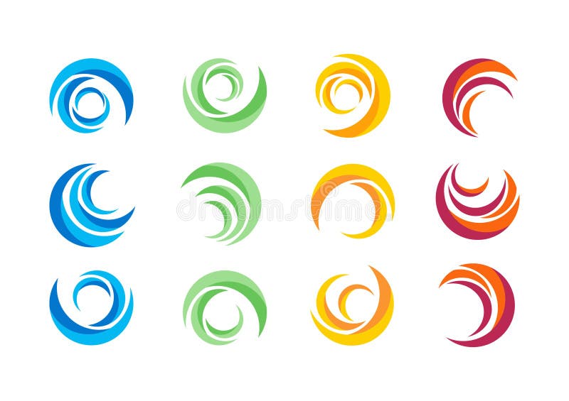 Okrąg, woda, logo, wiatr, sfera, roślina, opuszcza, skrzydła, płomień, słońce, abstrakt, nieskończoność, set round ikona symbolu Okrąg, woda, logo, wiatr, sfera, roślina, opuszcza, skrzydła, płomień, słońce, abstrakt, nieskończoność, set round ikona symbolu