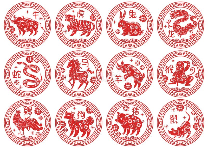 Okrągłe ramki chińskie znaki zodiaku. zwierzęta rodzaje kalendarzy astrologicznych horoskop azjatycki tradycyjny dekor dwanaście