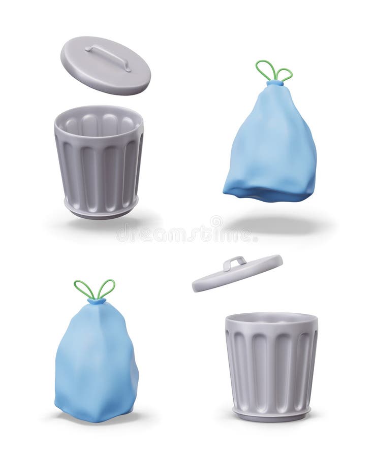 Okrągły metalowy pojemnik na śmieci z workiem na śmieci z pokrywą z krawędziami. otwarty pojemnik aluminiowy na odpady z gospodars ilustracja wektor
