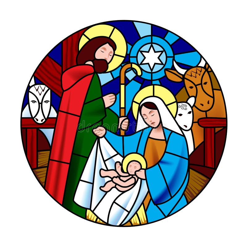Okrąża kształt z narodziny jezus chrystus scena w pobrudzonym gla royalty ilustracja Okrąża kształt z narodziny jezus chrystus scena w pobrudzonym gla royalty ilustracja