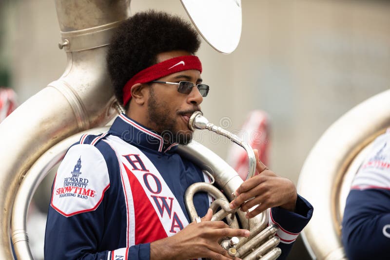 Indianapolis, Indiana, USA - September 22, 2018: The Circle City Classic Parade, Members of the Howard University Showtime Marching Band, performing at the parade. Indianapolis, Indiana, USA - September 22, 2018: The Circle City Classic Parade, Members of the Howard University Showtime Marching Band, performing at the parade