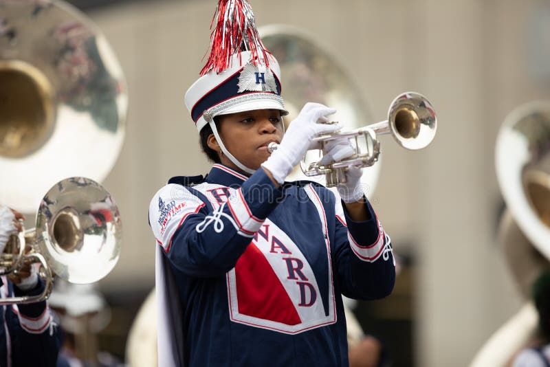 Indianapolis, Indiana, USA - September 22, 2018: The Circle City Classic Parade, Members of the Howard University Showtime Marching Band, performing at the parade. Indianapolis, Indiana, USA - September 22, 2018: The Circle City Classic Parade, Members of the Howard University Showtime Marching Band, performing at the parade