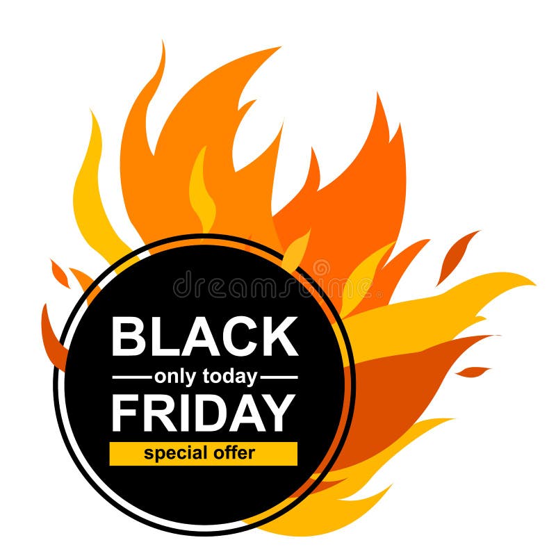 Okręgu sztandar z ofertą specjalną w Black Friday Czarna karta dla gor?cej oferty z rama ogienia grafik? ilustracji Okręgu sztandar z ofertą specjalną w Black Friday Czarna karta dla gor?cej oferty z rama ogienia grafik? ilustracji