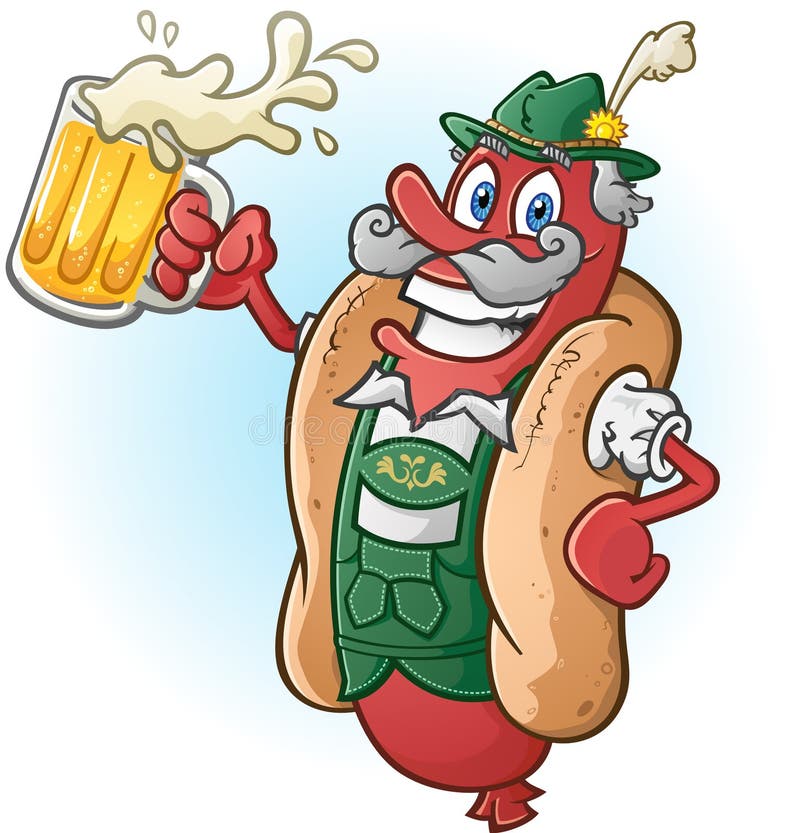 Oktoberfest Bratwurst Hotdog Cartoon Character Drinking Beer stock illustration Oktoberfest Bratwurst Hotdog Cartoon Character Drinking Beer stock illustration