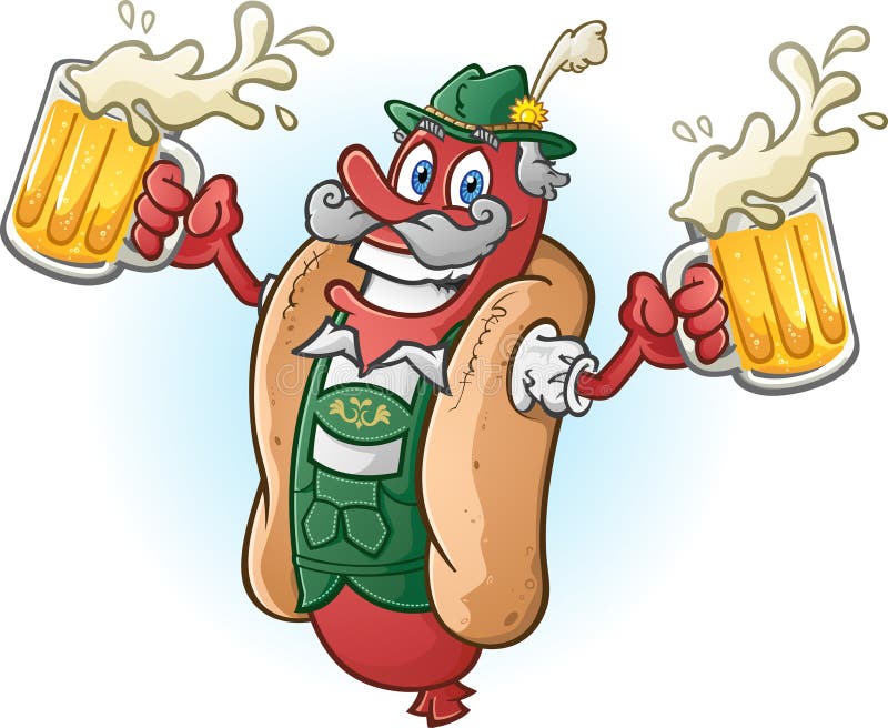 Oktoberfest Bratwurst Hotdog Cartoon Character Drinking Beer vector illustration Oktoberfest Bratwurst Hotdog Cartoon Character Drinking Beer vector illustration