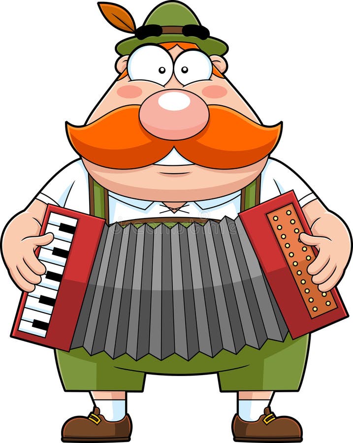 Oktoberfest Man Cartoon Character In Traditional Bavarian Clothes Playing Accordion vector illustration