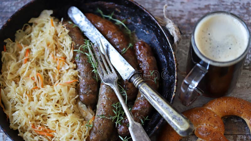 Oktoberfest food. Bavarian sausages and sauerkraut in a pan.