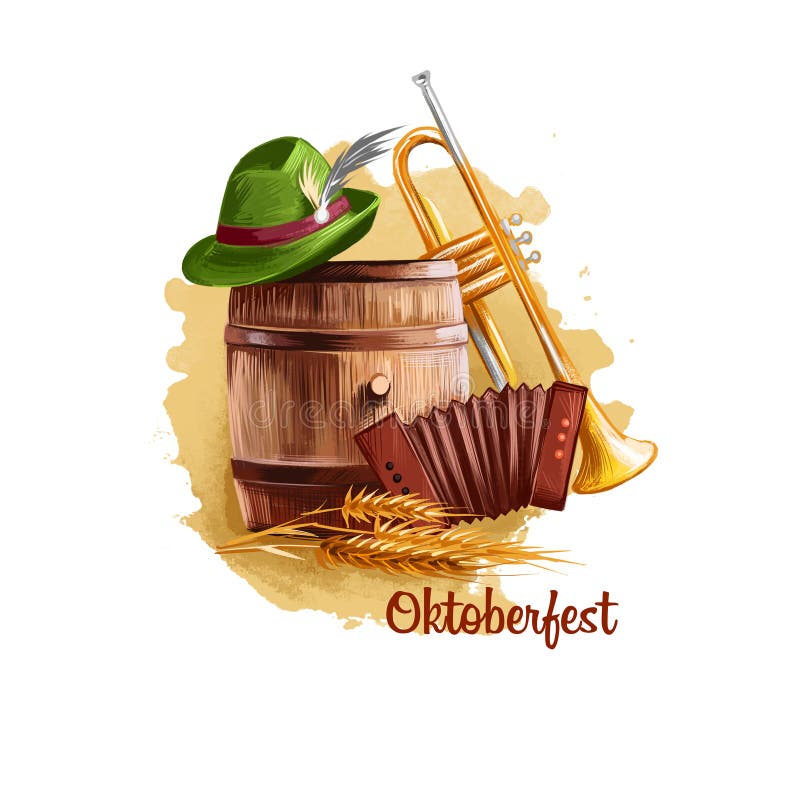 Oktoberfest holiday banner retro things wooden barrel with beer, vintage pipe, accordion, ear of wheat and green hat with feather