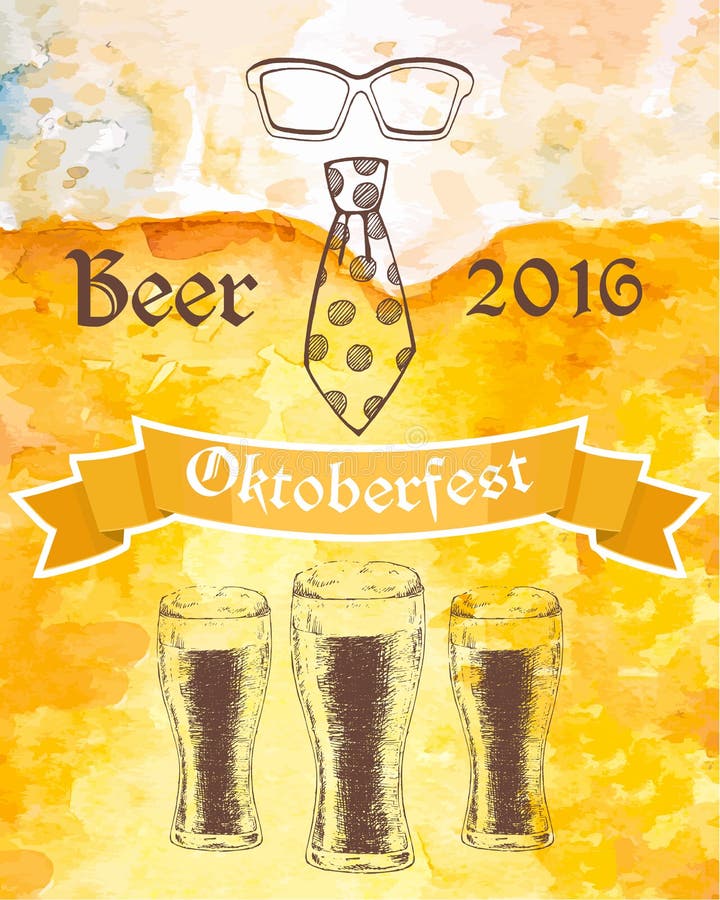 Oktoberfest Ilustração do vetor Vidros de cerveja, laço e eyeglasse ilustração stock Oktoberfest Ilustração do vetor Vidros de cerveja, laço e eyeglasse ilustração stock