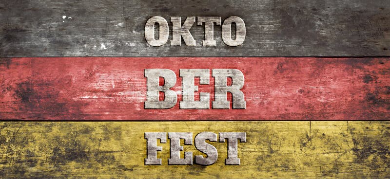 Oktoberfest sign, German flag on old wood plank background.