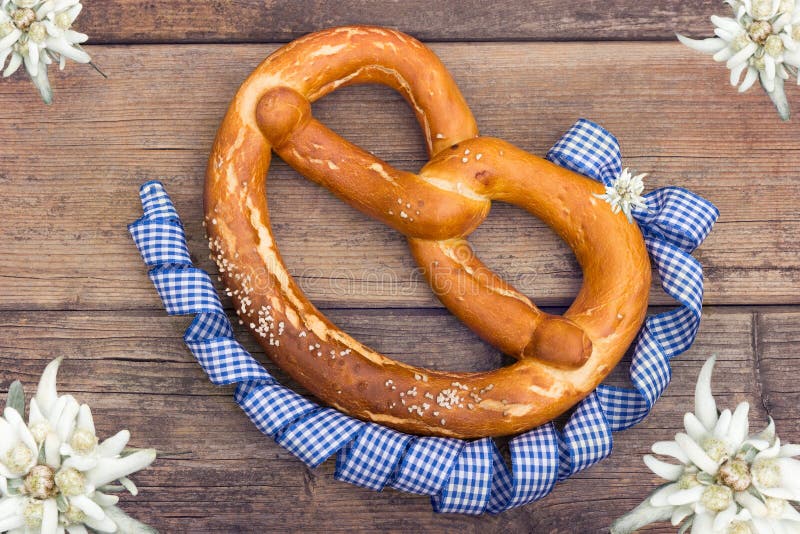 A pretzel draped with a bow in the Bavarian colors. A pretzel draped with a bow in the Bavarian colors