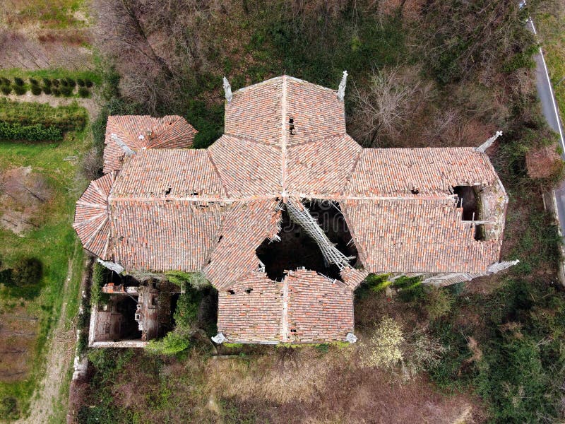 Old abandoned church with collapsing roof