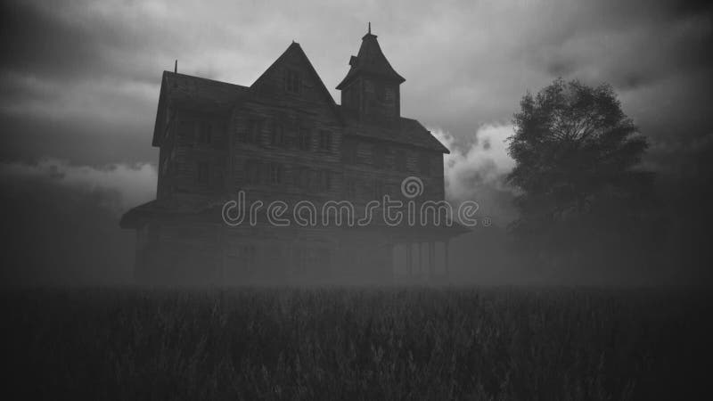 An old abandoned house in rain and lightning with mask.