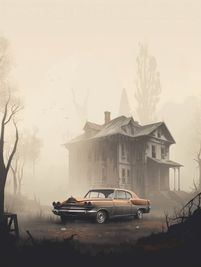 An old abandoned mansion hidden in a thick fog bank with abandoned cars slowly rusting in the yard. Gothic art. AI