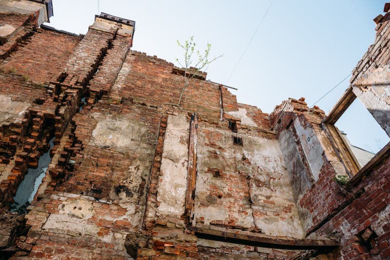 Old Abandoned Red Brick House Ruin Damaged By Earthquake War Or Other