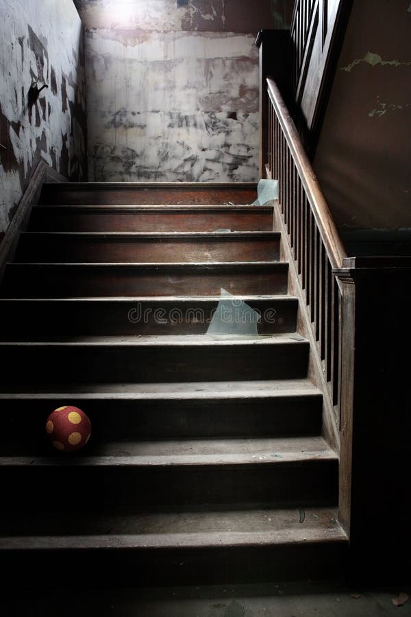 Old Abandoned Stairs with Broken Glass and a Ball Stock Photo Image