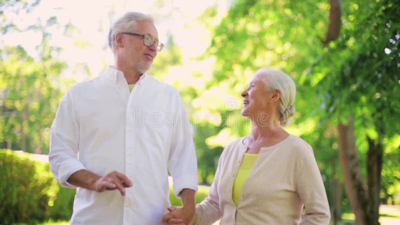 Happy senior couple walking at summer city park