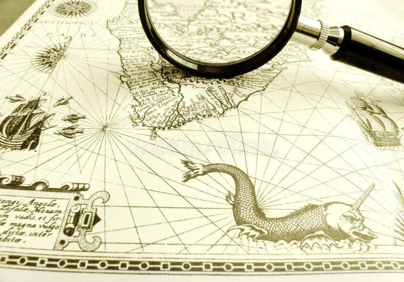 Old Ancient sea chart, magnifier
