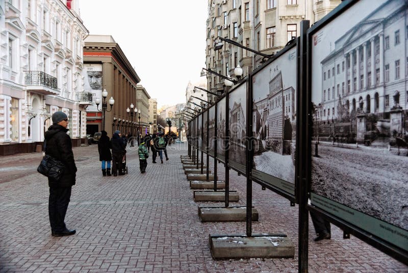 Old Arbat Stary Arbat Street in Moscow, Russia, with Photos of Old Moscow