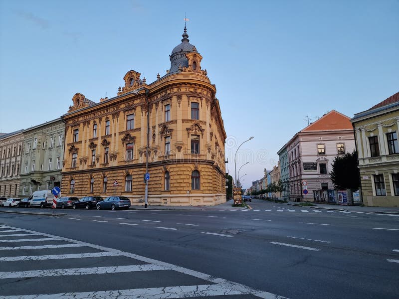 Old architecture of Kromeriz city at Milicovo namesti town square in Neo-Renaissance architectonical style