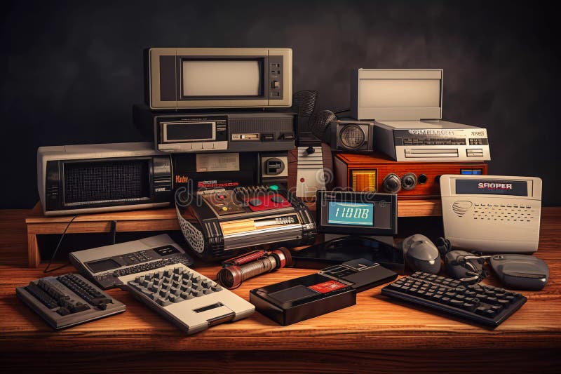 Old Audio Equipment of the 90s on the Table. Stock Illustration