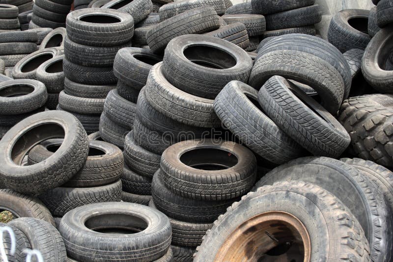 Old automobile tires stored for the subsequent processing