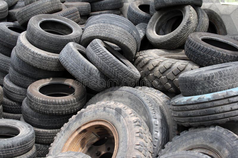 Old automobile tires stored for the subsequent processing