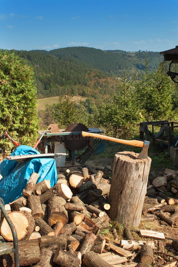 After Ten Years Of Chopping Firewood Old Ax on Log and Firewood. Axe Cut into Wood after Chopping Firewood