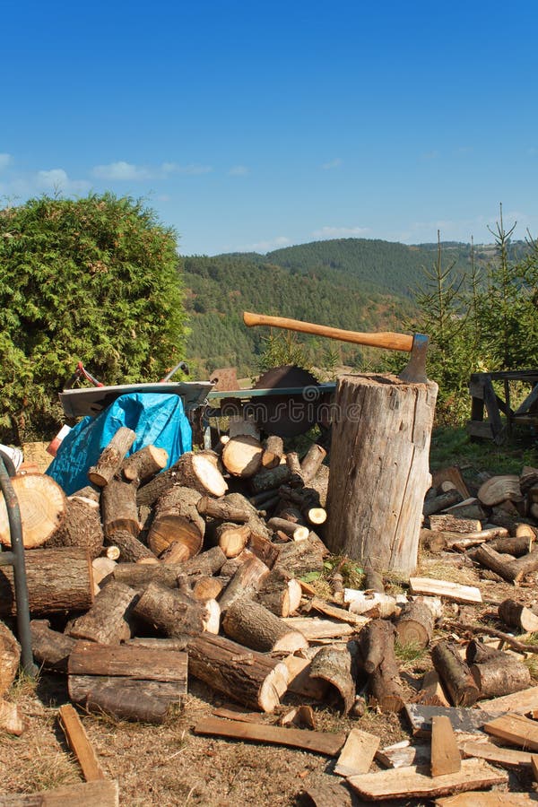 After Ten Years Of Chopping Firewood Old Ax on Log and Firewood. Axe Cut into Wood after Chopping Firewood