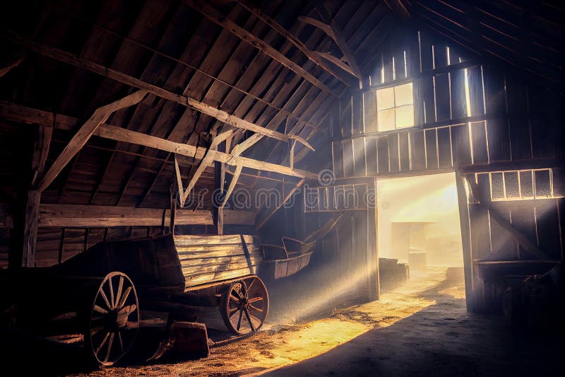 Old barn with sun rays from windows. Generative AI, Generative, AI royalty free illustration