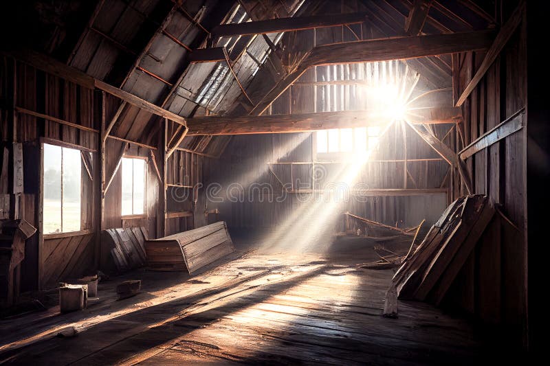 Old barn with sun rays from windows. Generative AI, Generative, AI stock illustration