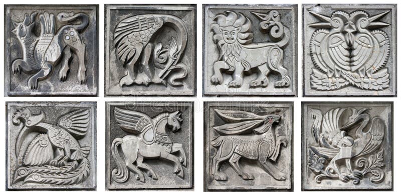 Old bas-reliefs of fairytale animals