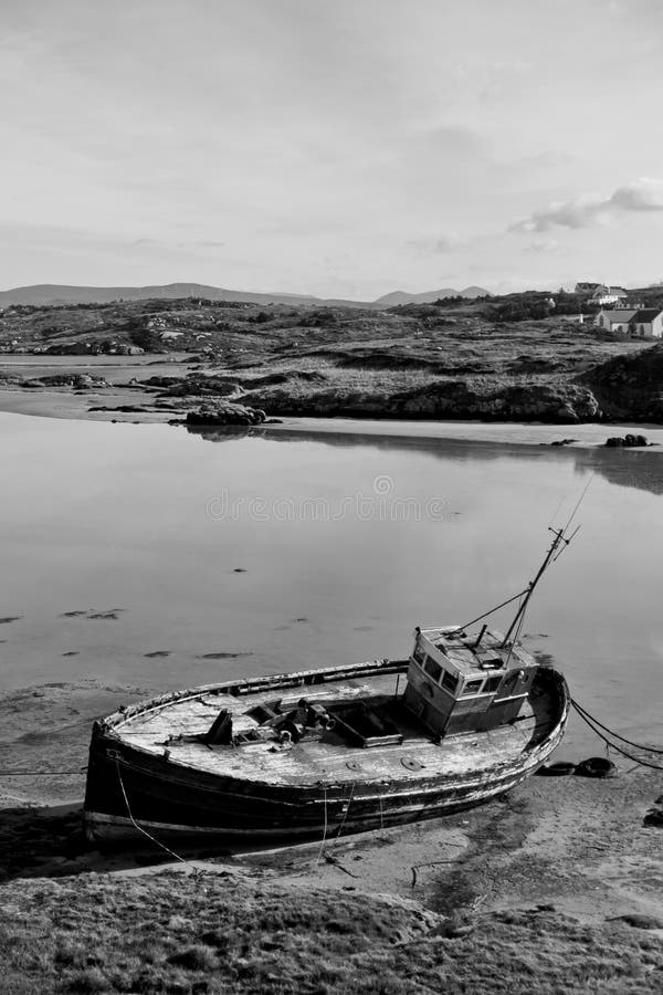 Old Beached Fishing Boat On Irish Beach In Black And White ...