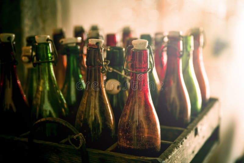 Old beer bottles in wooden cases