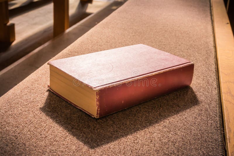 Old Bible Red Book Empty Template Lying Church Pew Bench Woodd C royalty free stock photo
