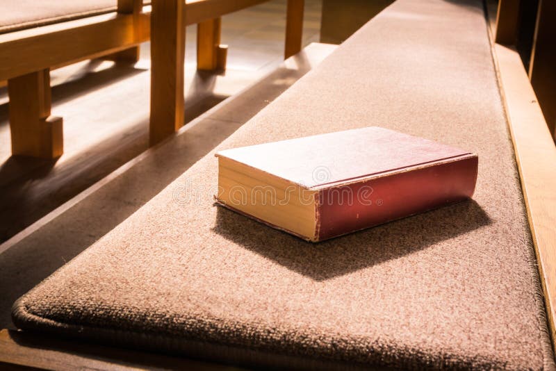 Old Bible Red Book Empty Template Lying Church Pew Bench Woodd C stock photo