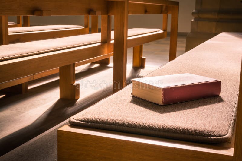 Old Bible Red Book Empty Template Lying Church Pew Bench Woodd C royalty free stock photo
