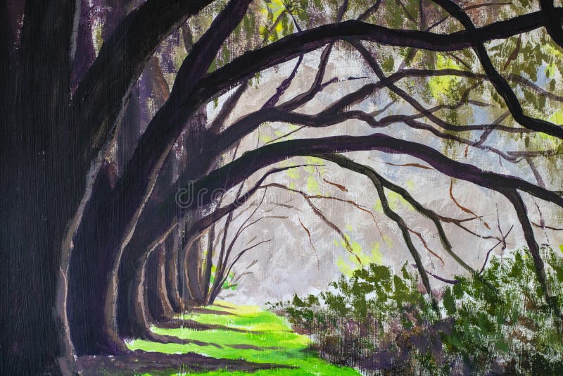 Old big trees alley park oil painting, sunny forest landscape artwork illustration modern fine art