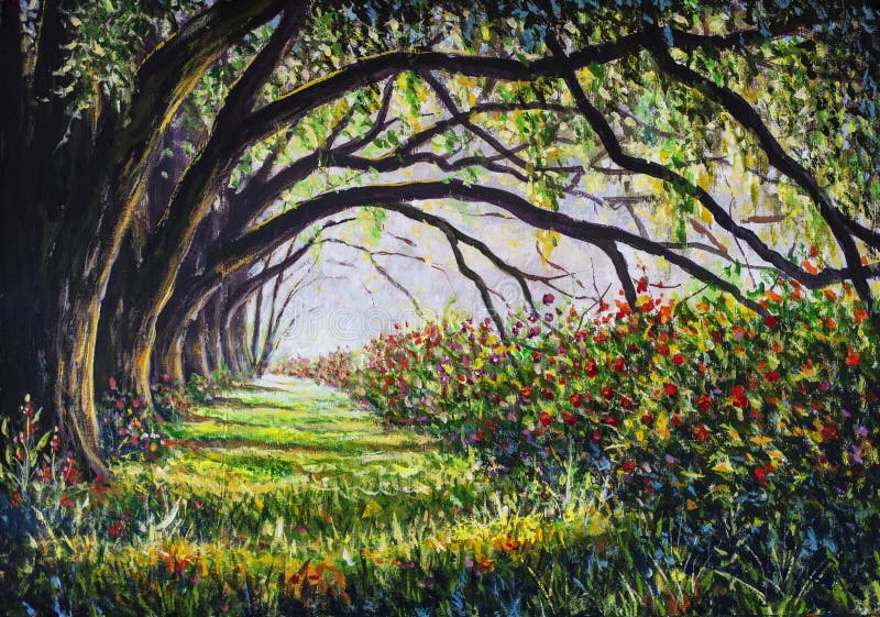 Old big trees alley park oil painting, sunny forest landscape artwork illustration modern fine art. Old big trees alley park oil painting, sunny forest landscape artwork illustration modern fine art