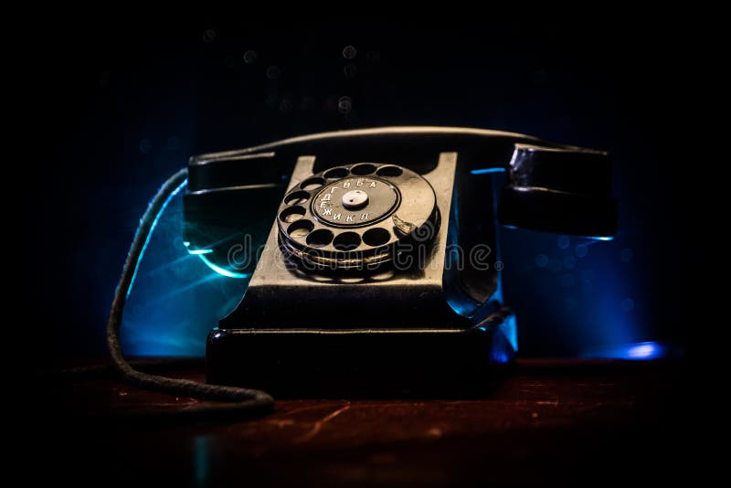 Old Black Telephone On Old Wood Plank With Art Dark Background With Fog ...