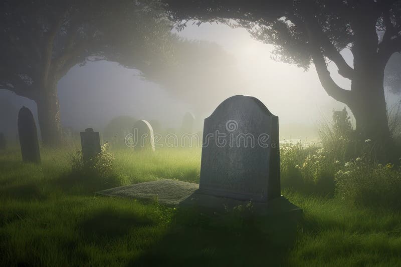 Starý prázdný pohřeb kámen stojany ven proti mlhavý pozadí z hroby, stromy, orosený tráva zachycení tajemství z noční hřbitov.